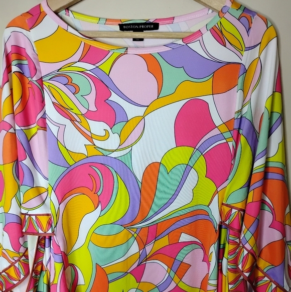 Boston Proper Sunset Waves Swim Cover-Up Dress Size XS Dolman Sleeve Colorful - Picture 5 of 11